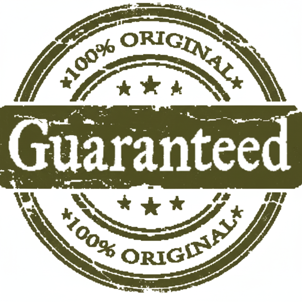 Stylized 'Guaranteed' text with '100% Original' around it on a green background